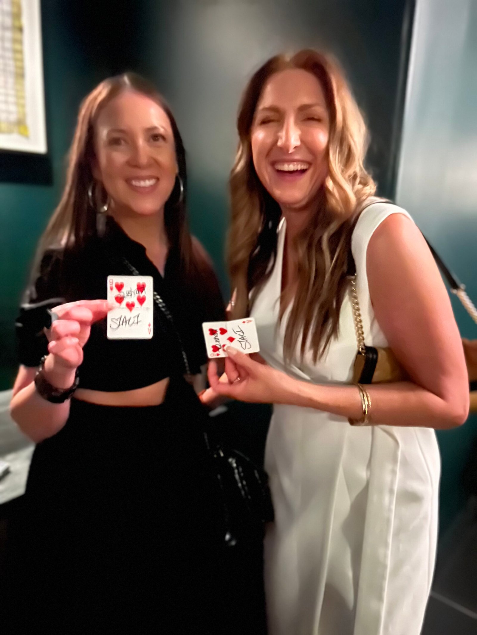 Adam Stone Strolling Card Effect Reaction Adam Stone Magic Adam Stone Magic Two Guests Showing off Signed Playing Cards After a Strolling Mentalism Effect by Adam Stone